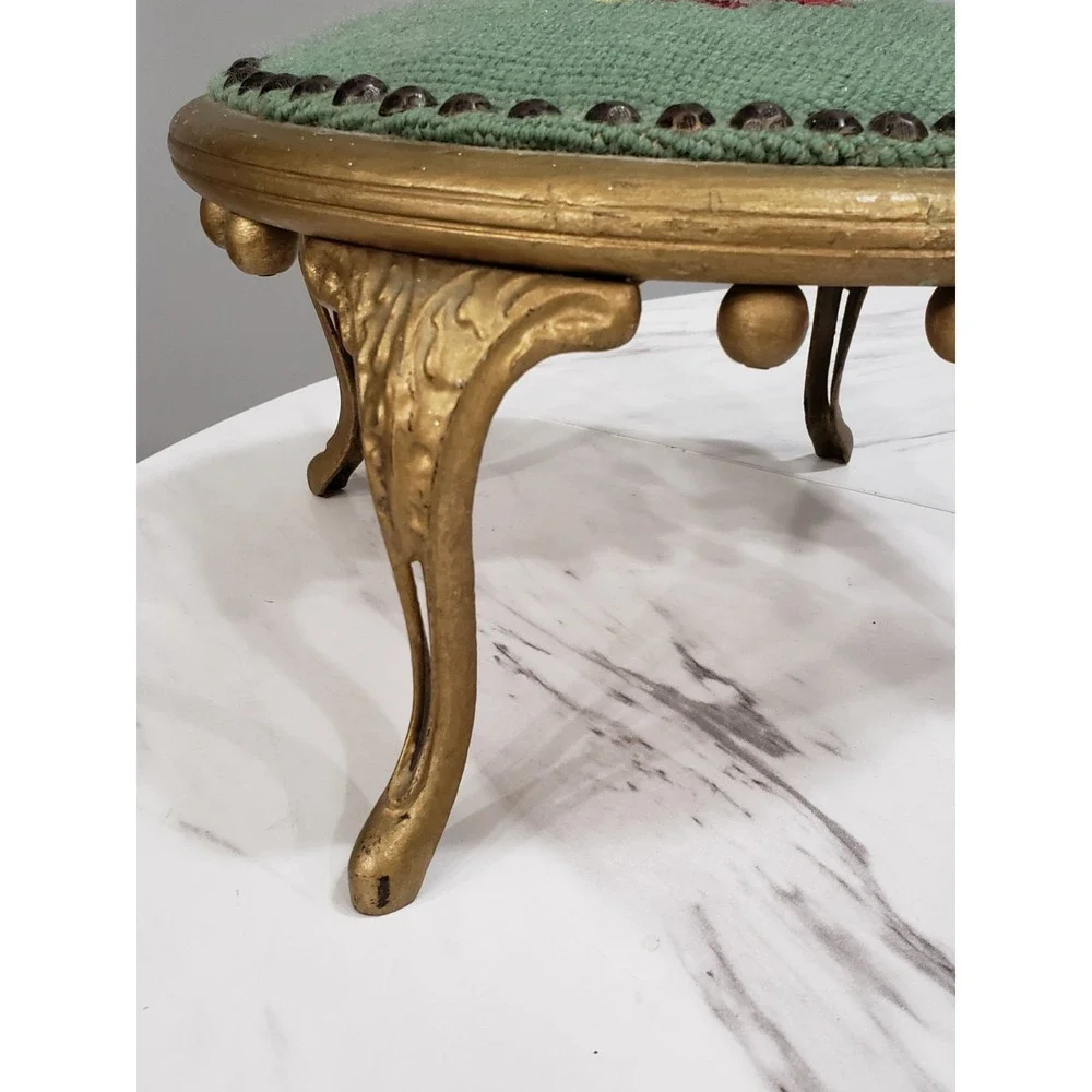 Antique Victorian Dainty Stick & Ball NEEDLEPOINT Floral Foot‎ Stool Tapestry